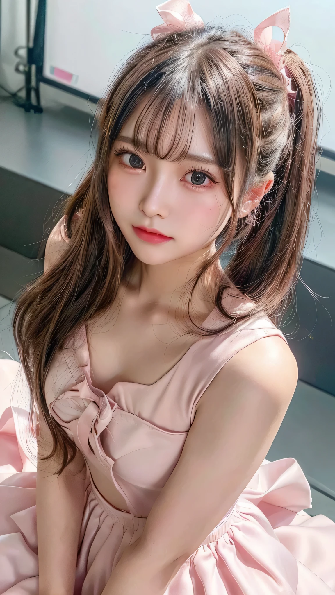 blush,small breasts,14 years old,long hair twintails,on stage,Are standing,close up of face,((8K, Raw photo, best quality, muste piece:1.2), (Reality, photorealistic:1.4), (Highly detailed 8K wallpaper), Depth of the bounds written, cinematic lighting, soft light, detailed beauty eye,Shiny and smooth light brown ponytail, asymmetrical bangs, shiny skin, super detailed skin ,high resolution, high detail, detailed hairstyle, detailed beauty face, hyper real, perfect limbs, perfect anatomy ,1 Japanese girl,famous japanese idol, perfect female body,shy smile,short eyelashes,double-edged eyelids,look straight here,Hair style is twin tails、Pink colored long dress with lots of ruffles, softly shaped skirt, standing on stage,pink ribbon on head,She wears a long skirt with lots of frills.,Neat clothes