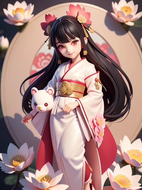 (masterpiece), (highest quality), (Super detailed), (full body: 1.2), one very cute with black hair and blush, lotus flower, shrine, black hair, blush sticker, red shrine maiden's hakama, flower (beautiful and detailed face), (detailed and beautiful eyes), smile, huggable stuffed animal,