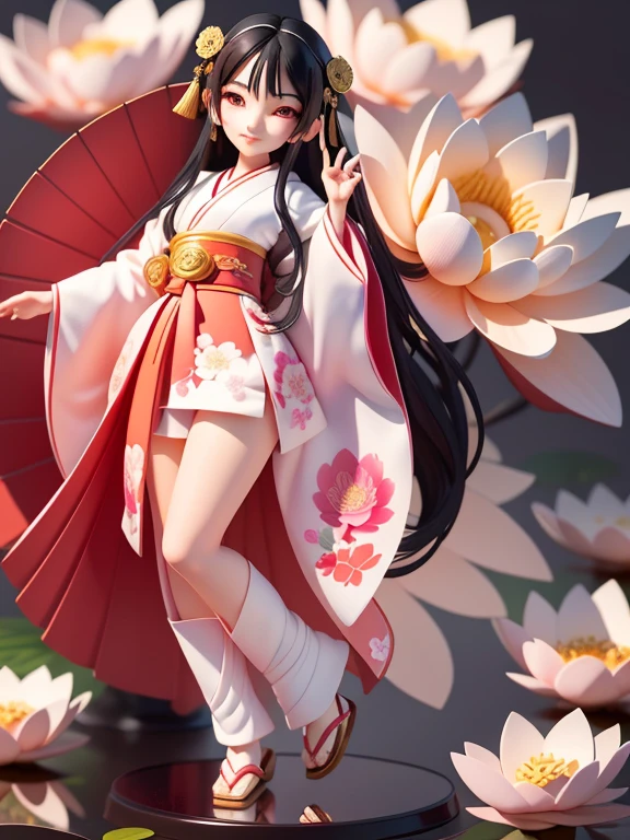 (masterpiece), (highest quality), (Super detailed), (full body: 1.2), one very cute  with black hair and blush, lotus flower, shrine, black hair, blush sticker, red shrine maiden&#39;s hakama, flower (beautiful and detailed face), (detailed and beautiful eyes), smile, huggable stuffed animal,