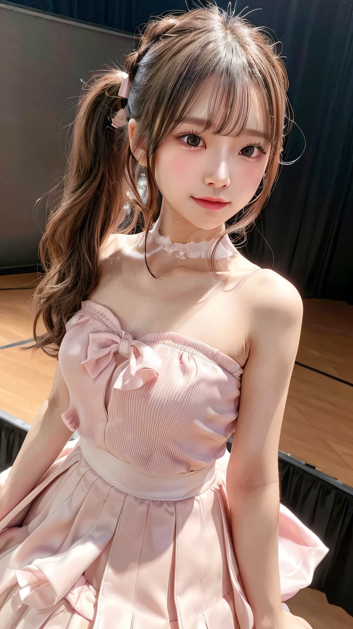 blush,small breasts,14 years old,long hair ponytail,on stage,Are standing,close up of face,((8K, Raw photo, best quality, muste piece:1.2), (Reality, photorealistic:1.4), (Highly detailed 8K wallpaper), Depth of the bounds written, cinematic lighting, soft light, detailed beauty eye,Shiny and smooth light brown ponytail, asymmetrical bangs, shiny skin, super detailed skin ,high resolution, high detail, detailed hairstyle, detailed beauty face, hyper real, perfect limbs, perfect anatomy ,1 Japanese girl,famous japanese idol, perfect female body,shy smile,short eyelashes,double-edged eyelids,look straight here,Hair style is ponytail、Pink colored long dress with lots of ruffles, softly shaped skirt, standing on stage,pink ribbon on head,She wears a long skirt with lots of frills.,Neat clothes