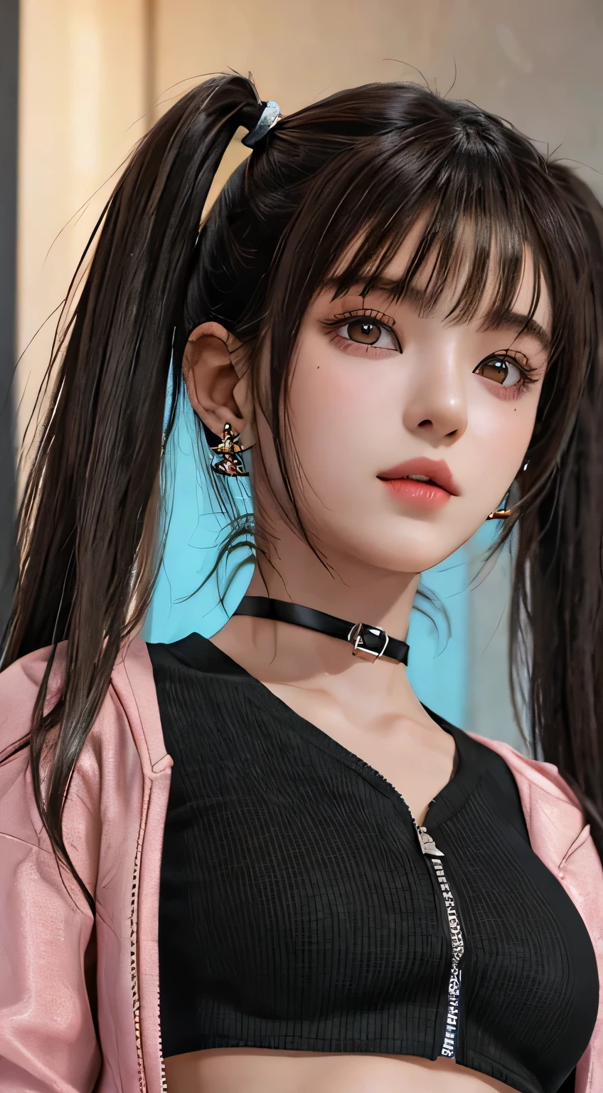 (((NSFW1.5)))，realistic, table top, highest quality, Raw photo, 1 girl, alone, twin tails, brown hair, detailed face, fascinating face, earrings、sharp eyes、choker、neon shirt、open jacket、crop top, medium breasts, dynamic pose, looking at the viewer, from below, detailed background, Detailed, intricate details, ray tracing, Depth of the bounds written, low key, nffsw