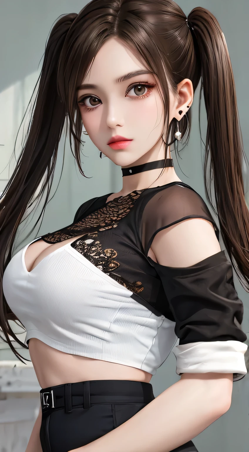 (((NSFW1.5))),realistic, table top, highest quality, Raw photo, 1 girl, alone, twin tails, brown hair, detailed face, fascinating face, earrings、sharp eyes、choker、neon shirt、open jacket、crop top, medium , dynamic pose, looking at the viewer, from below, detailed background, Detailed, intricate details, ray tracing, Depth of the bounds written, low key, nffsw