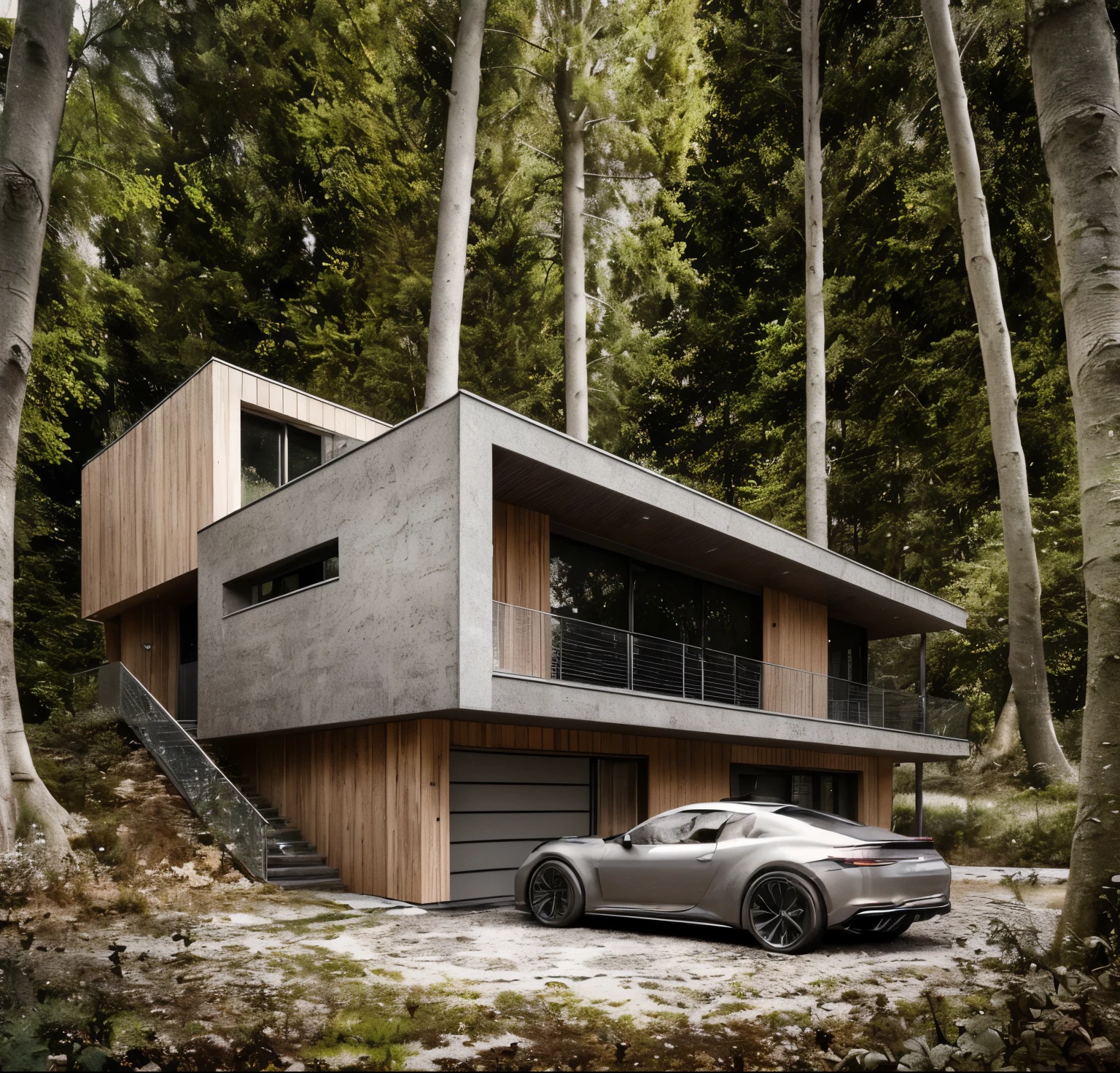a grey car parked in front of a modern maison dans le boiss, minimalistic maison dans le bois, modern maison dans le bois, maison dans le bois, made natural and realistic, rendu 3D très réaliste, House in the forest, Hyper-realistic 3D rendering, rendu très réaliste, hyper realistic detailed rendering, breathtaking rendering