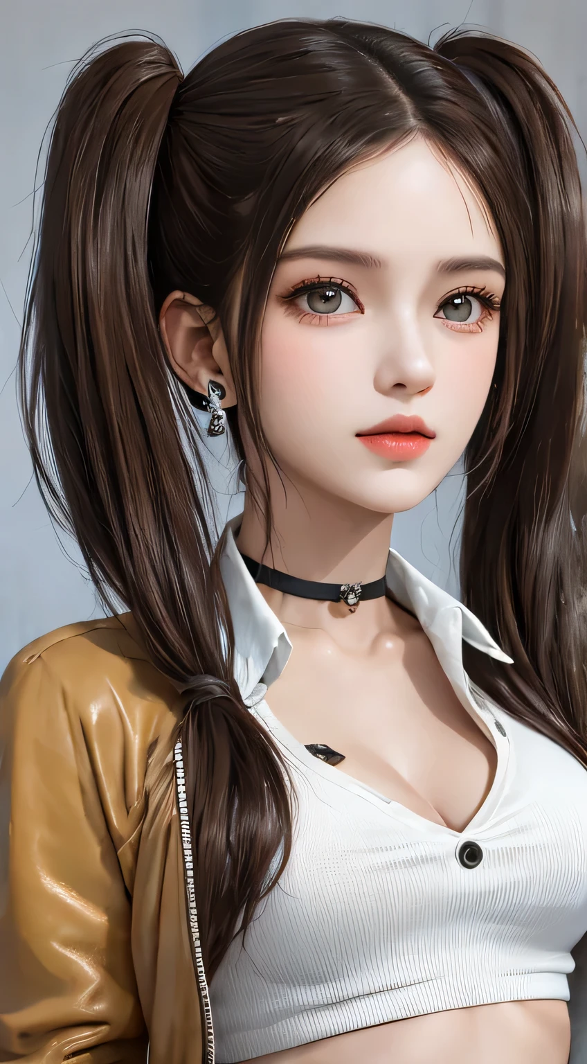 (((NSFW1.5)))，realistic, table top, highest quality, Raw photo, 1 girl, alone, twin tails, brown hair, detailed face, fascinating face, earrings、sharp eyes、choker、neon shirt、open jacket、crop top, medium breasts, dynamic pose, looking at the viewer, from below, detailed background, Detailed, intricate details, ray tracing, Depth of the bounds written, low key, nffsw