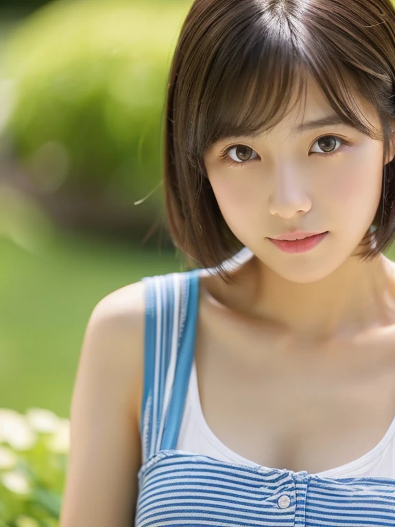 highest quality、超A high resolution、(Photoreal:1.4)、1 girl、(dark brown hair:1)、flat chest、looking at the viewer、Close-up、short hair、japanese woman、With background、natural styling、look at the camera、cute impression、simple clothes、Earth Toned Clothing, (less exposed) ,Bob length、summer background、facing the front、take a pose、waist、ennui