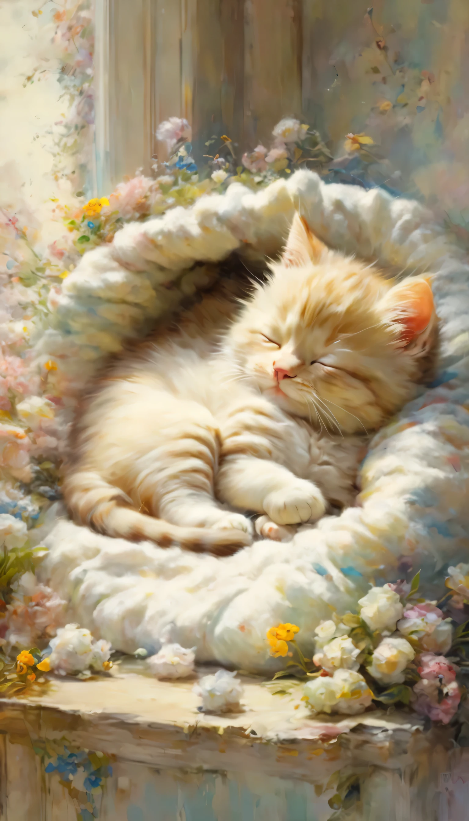 sleeping cat , highest quality、Very cute、Surroundings are out of focus、warm impression、oil、banksy、renoir style