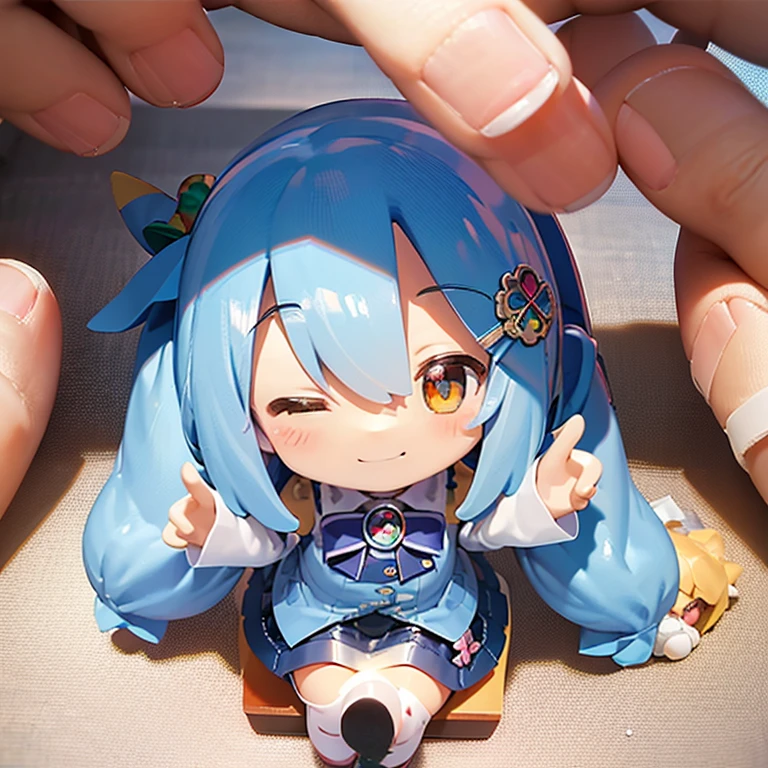 ((masterpiece)), ((((Chibi anime)))), 1 girl, alone ((((no background)))), madobe nanami, hair clip, hair band, hair ornaments, long sleeve, skirt, white and blue knee socks, (((Nendoroid))), closed one eye, smile, shortcut, Hehehe,Character Doll,Chibi