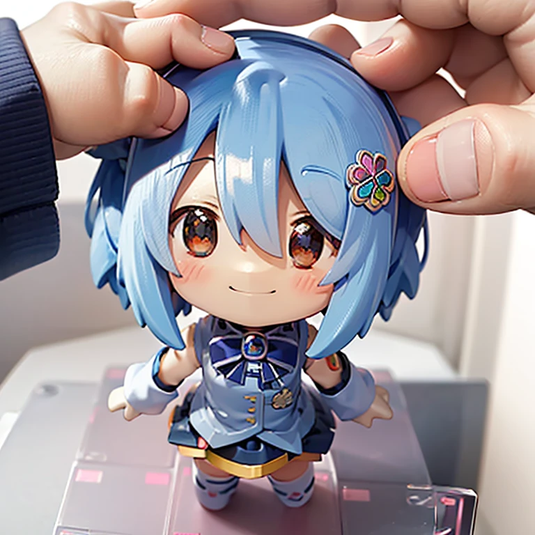 ((masterpiece)), ((((Chibi anime)))), 1 girl, alone ((((no background)))), madobe nanami, hair clip, hair band, hair ornaments, long sleeve, skirt, white and blue knee socks, (((Nendoroid))), closed one eye, smile, shortcut, Hehehe,Character Doll,Chibi