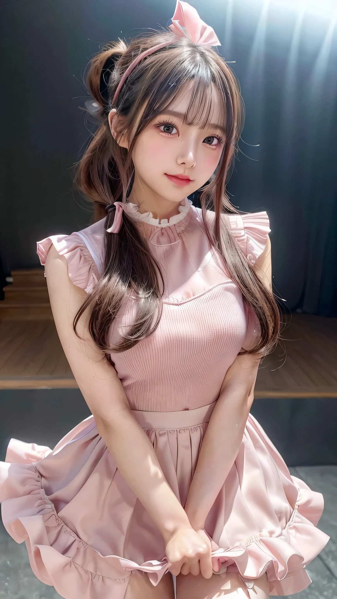 blush,small breasts,,long hair ponytail,on stage,Are standing,close up of face,((8K, Raw photo, best quality, muste piece:1.2), (Reality, photorealistic:1.4), (Highly detailed 8K wallpaper), Depth of the bounds written, cinematic lighting, soft light, detailed beauty eye,Shiny and smooth light brown ponytail, asymmetrical bangs, shiny skin, super detailed skin ,high resolution, high detail, detailed hairstyle, detailed beauty face, hyper real, perfect limbs, perfect anatomy ,1 Japanese girl,famous japanese idol, perfect female body,shy smile,short eyelashes,double-edged eyelids,look straight here,Hair style is ponytail、Pink colored long dress with lots of ruffles, softly shaped skirt, standing on stage,pink ribbon on head,She wears a long skirt with lots of frills.,Neat clothes