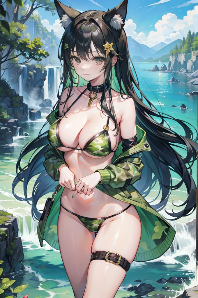 high quality, masterpiece, super detailed, 1 girl, extremely detailed faces, green camo bikini,green camouflage gloves,Green Camouflage Fishnet Socks,handcuffs,collar,Calm expression,Smile,handcuffs,collar,long black hair, charming pink eyes, fox ears, Ridiculously big, skin shiny, mountain stream,creek