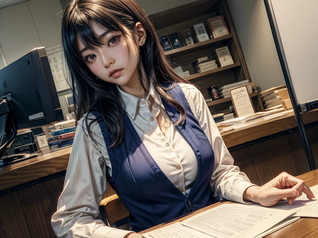 There is a woman sitting at a desk holding a pen and paper, (A sexy bra is visible from the chest of the shirt blouse that is wide open.:1.5)、Sui Ishida, iwakura lain, yasumoto oka, motto hole, eat and drink, Also, yuuka kazami, seifuku, sana takeda, deayami kojima, Chiho, ayamin to whom, Ayaka, misato katsuragi,Female bank clerk sitting behind the counter at a bank teller、白いシャツブラウスの上にwearing a navy vestビジネスユニフォーム、(wearing a navy vest:1.5), (He wears a plastic name plate on the chest of his vest.), unbuttoning shirt blouse、
