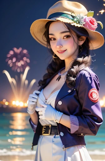 masterpiece, best quality, rat egret, Purple hat, hairpin, green ribbon, purple jacket, White gloves, belt, Purple miniskirt, Upper body, blush, Smile, looking at the audience, beach, night, moon, fireworks, Put your hands on your chest