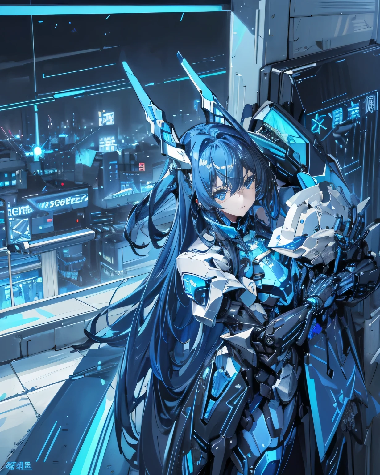 Masterpiece、near future、Super exquisite、top quality、Super detailed、Very detailed的插图、Very detailed、intricate details、high resolution、Super intricate details、HVery detailed 8k CG wallpapers、Caustics、reflector、Ray tracing、1 girl in:1.4)、solo、alone、(blue_theme:1.3)、(Grace_theme:1.3)、(Mecha Maiden(blue_theme:1.6)、Mecha Maiden(Blanche_theme:1.1)、Mecha Maiden、machine parts、robot joints、mechanicalmechanical腿、Headgear、Sophisticated mechanical jumpsuit、mechanical energy wing、Electromechanical parts、network parts、technology、energy rifle(mechanical)、)、very long hair、black and blue hair(Black and blue long style)、 Eye((Blue Eyes、Yellow Eye、)(Radiant Eyes、)(Eye ball trajectory、))random facial expressions、Tokyo eight cities(Shibuya)、City、at night、((neon lights、blue Neon Light))、(Detailed background、(blue_theme:1.3)、(Grace_theme:1.3)、City)、((Masterpiece))、absurd、north african trade zone、(headshot pose)、Cyberpunk City、Masterpiece、high resolution、