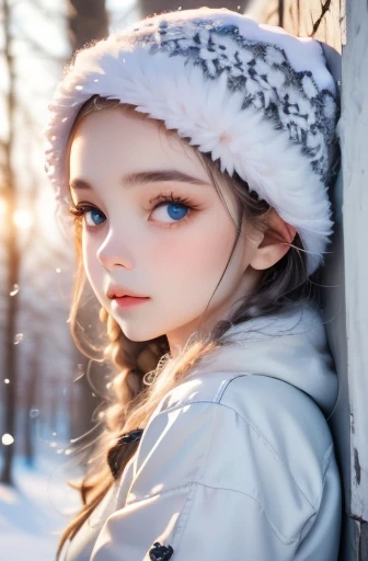 portrait, high quality, Ukrainian little girl fairy winter snow in the woods through the trees About 10 years old, blue eyes, smooth skin, ((best quality, 8K, masterpiece :1.3)), 1 girl, pretty girl , casual wear :1.2, in the woods, Super detailed face, delicate eyes, double eyelids