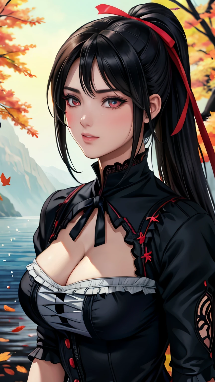 red eyes, (highest quality, masterpiece painting:1.3), immature woman, ************, (half body shot), masterpiece, ultra high resolution, (Photoreal:1.0), black hair, ponytail, straight hair, beautiful shining hair, white and shining skin, ((Ultra realistic details)), octane rendering, highly detailed face, (big breasts:0.8), She wears stunning costumes inspired by Belle Époque style, flowing black dress decorated with lace and ribbons, (clothing: black belle époque dress with lace and ribbons),cleavage, perfect body, soft skin, anime face, perfect face, perfect eyes, looking at the viewer, smart, Under autumn leaves tree background, Autumn leaf petals are falling, outdoors,shrine, sharp focus, intricate details, professional artwork, (bright colors:1.1), bright colors, diffused lighting, digital blending, ultra-definition body, ultra detail hair, super detailed face, that&#39;It&#39;s trending on pixiv, top button open, Cute gaze, compensate, perfect lips, perfect compensate, Ultra-precision coating,  (light_smile:0.8), (Very embarrassed:1.2), blush your nose,