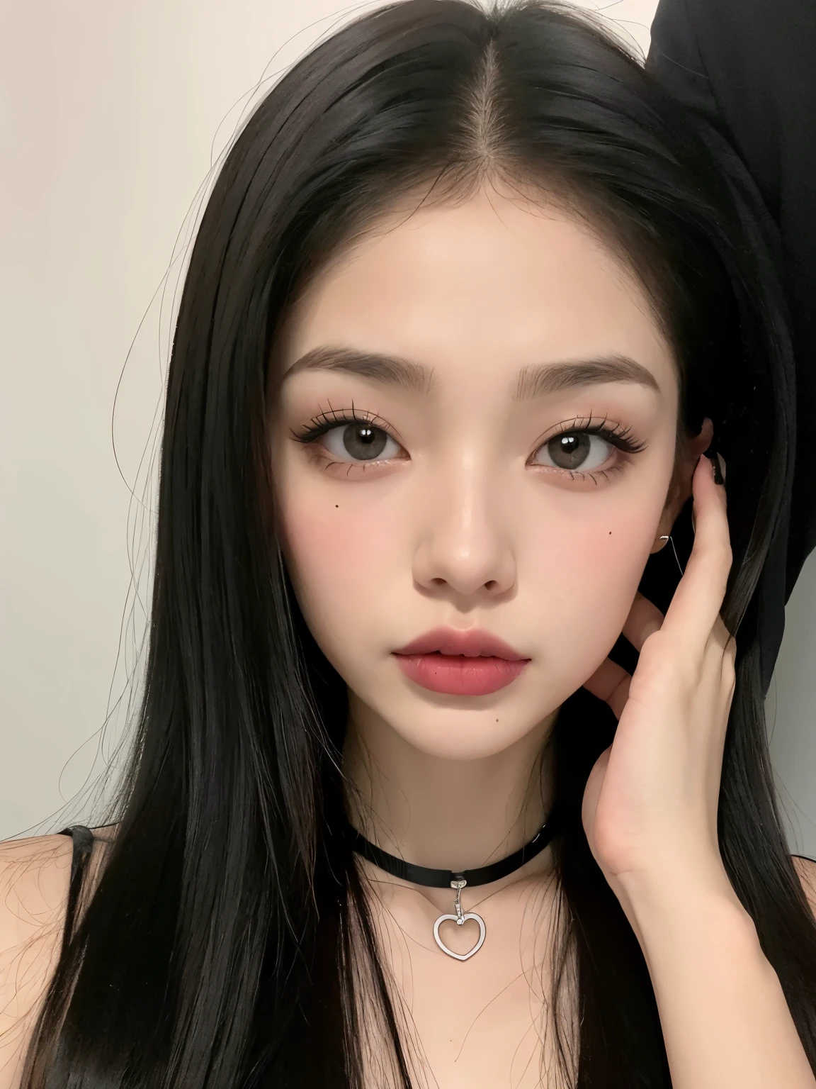 Kim Jennie con el cabello negro oscuro, con rulos en las puntas del cabello negro oscuro, con un ganchito de estrella en el cabello negro oscuro, ojos de color claro, ojos bonitos, ojos llorosos, nariz bonita y respingada, labios bonitos, labios rosas, heart and cupid shaped lip, piel bonita, pale, piel blanca, con lunares y pecas en todo el rostro, rubor rosa suave en las mejilla, rubor rosa natural, dark and gothic makeup, Jennie gotica, mientras ella esta con un chico lindo a su lado, with a cute asian boy standing next to her, mientras hay un torso de hombre, mientras el hombre'His hand is on his jaw.., manos bonitas de hombre, with a gothic boy, cuellos bonito, cuello marcado, frown, mirada enojada, con un collar de beso, un collar bonito de beso, mientras sus pezones son notorios (pechos grandes, pechos suaves, pechos bonitos, pechos naturales), con un vestido blanco, vestido corto y transparente, visible on the nipple, con un chico a su lado, con su novio, mirando a la camara, autofoto
