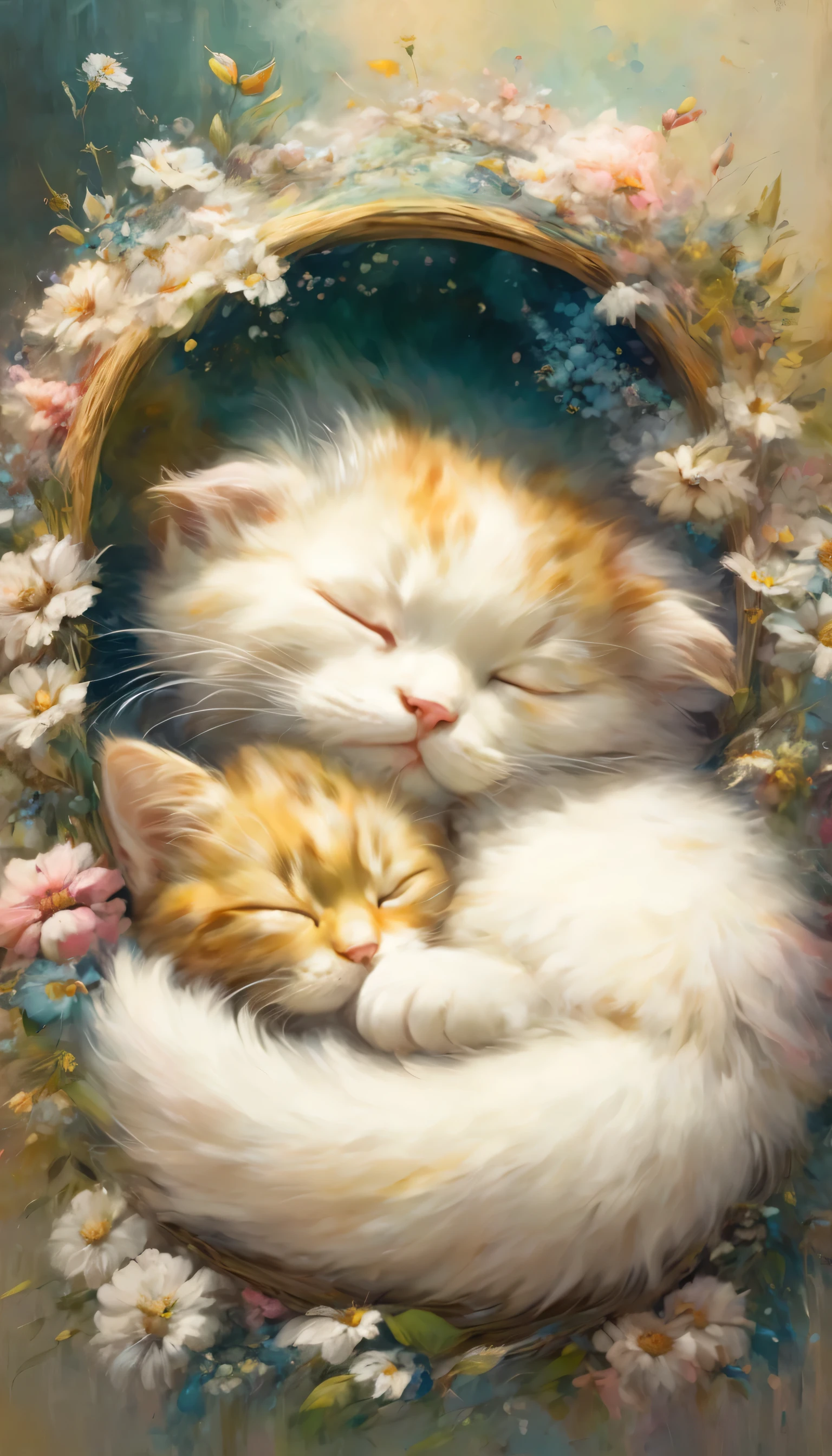sleeping cat baby, highest quality、Very cute、Surroundings are out of focus、warm impression、oil、banksy、renoir style