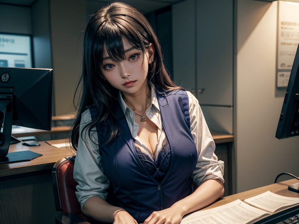There is a woman sitting at a desk holding a pen and paper, (A sexy bra is visible from the chest of the shirt blouse that is wide open.:1.5)、Sui Ishida, iwakura lain, yasumoto oka, motto hole, eat and drink, Also, yuuka kazami, seifuku, sana takeda, deayami kojima, Chiho, ayamin to whom, Ayaka, misato katsuragi,Female bank clerk sitting behind the counter at a bank teller、白いシャツブラウスの上にwearing a navy vestビジネスユニフォーム、(wearing a navy vest:1.5), (He wears a plastic name plate on the chest of his vest.), unbuttoning shirt blouse、