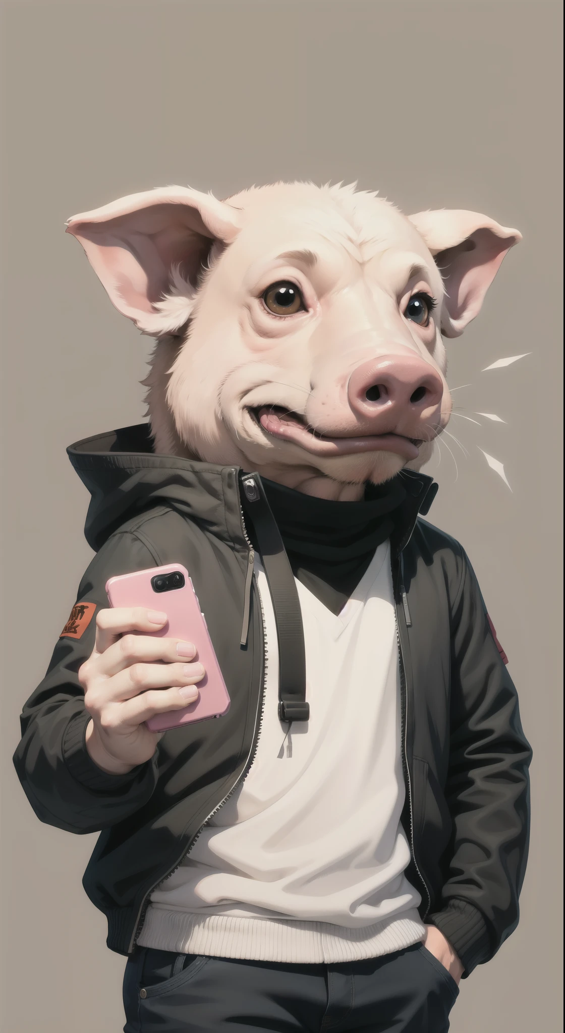 anthropomorphic pig, solo, (simple background:1.3), upper body, best quality, masterpiece,  Calling his friend with smartphone