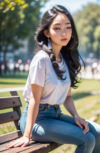 1 girl,alone,best quality, masterpiece, 8K,raw photo, photo (Purpose), Very detailed, raw,actual,sitting, looking at the audience,jeans,White T-shirt,long hair,black hair, bench,