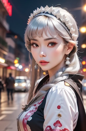 masterpiece, the best, night, full moon, 1 female, mature woman, Chinese style, China, Sister, Royal sister, cold face, Poker face, woman with long silver hair, light pink lips, calm, intellectuals, Three bangs, gray pupil, assassin, long sword, swordsman, struggle, street view, facial details,