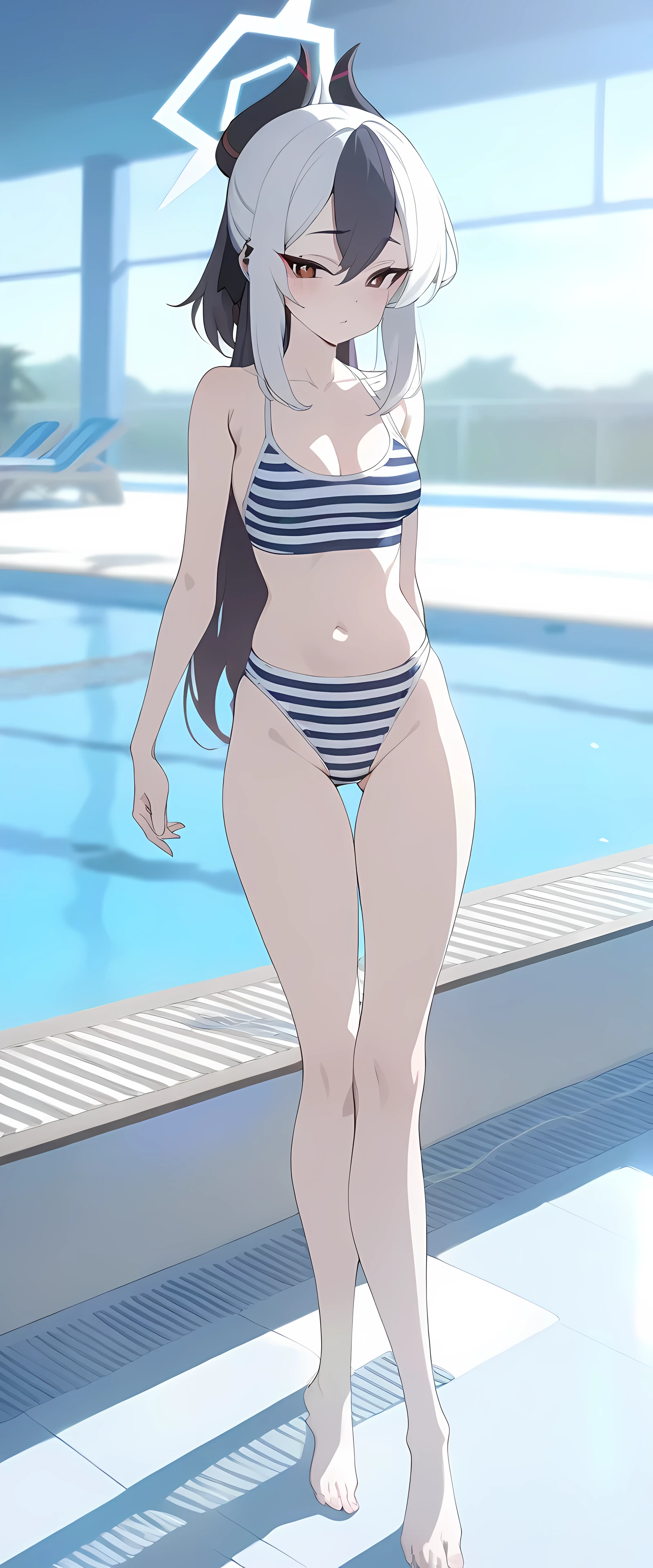 Kayoko from Blue Archive, long hair, Blue and white stripe pattern swimsuit , 1girl, Masterpiece, Best Quality, HDR, Blue archive artstyle, Detailed face, Pool atmosphere, sexy pose, breasts, Full body picture, front view
