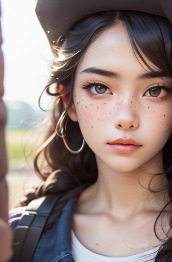 1 girl, Idol, close up, clavicle,  ,, photo, Movie, depth of field, Texture, t-shirt, rubber band, top knot, long hair, messy hair, freckle,