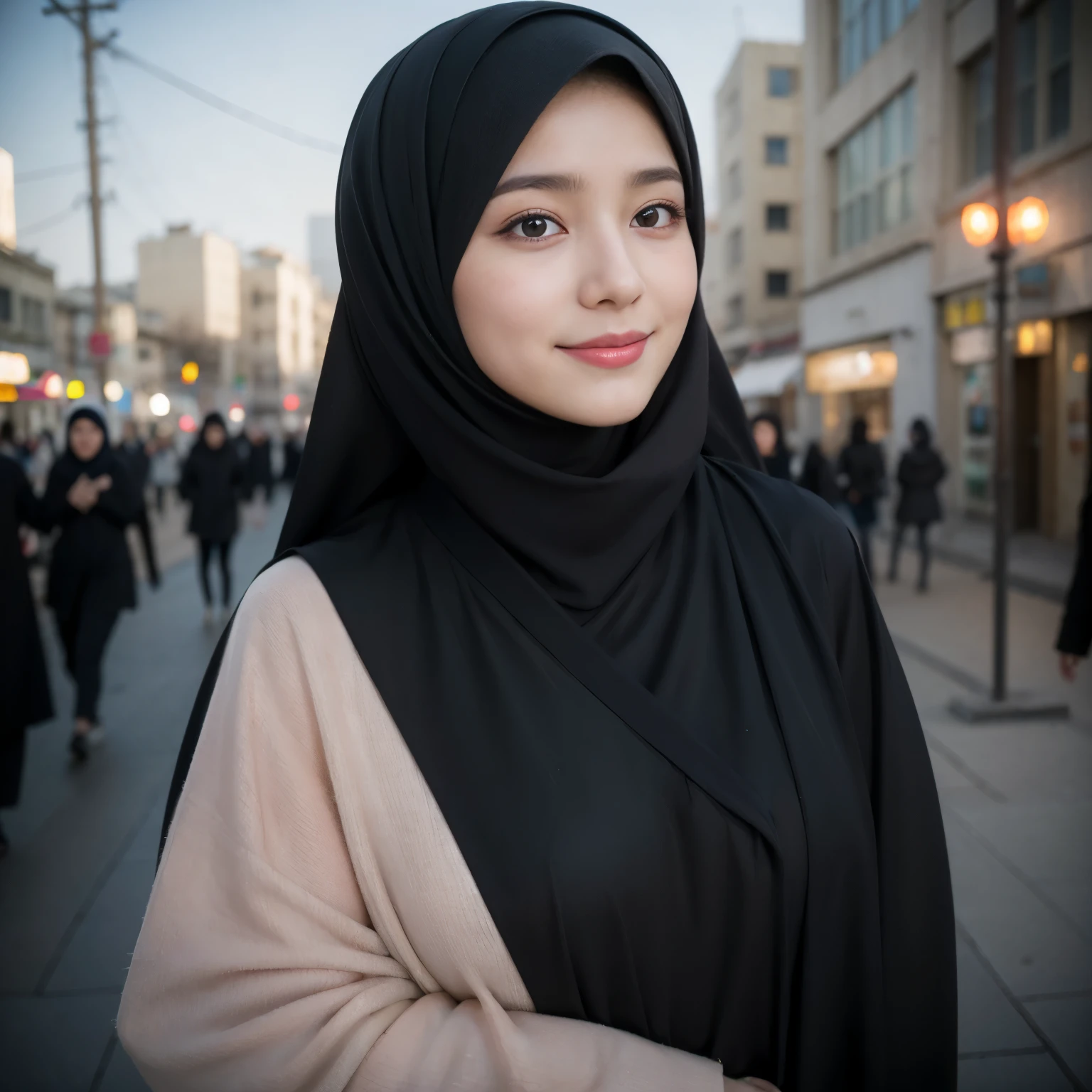 Muslim girl, hijab, (8K, RAW photo, highest quality, High resolution:1.1), (hyperrealistic:1.4),(realistic, photorealistic:1.3), soft light,realistic face,realistic body,realistic skin,disorganized,masterpiece,(cute:1.8), , baby face, Bs,(big:1.2),fine black eyes,innocent eyes,droopy eyes,Watery eye,open lips,blush,good style,colorful lights,film Grain,smile,full Body,blurred background,young,85mm lens, f/ 1.4,professional lighting,portrait,photon mapping,radio city,Physically based rendering,japanese girl, wearing black matte hijab, black abaya, twirling hijab, sky blue jacket, reading al quran, outside a bussy mosque,