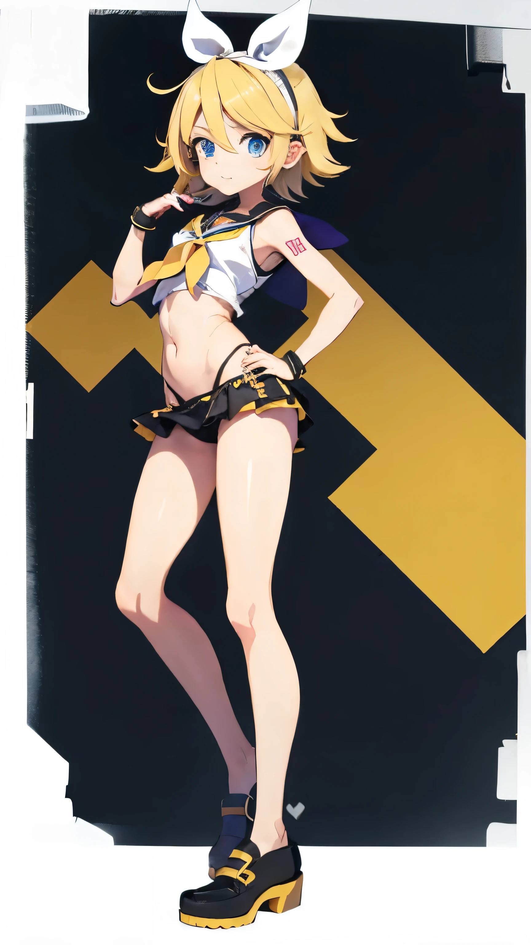 Kagamine rin , mini falda , bragas a la vista , rostro apenado , mejillas ruborizadas , viendo al espectador , imagen de cuerpo completo , (perfect body proportion)