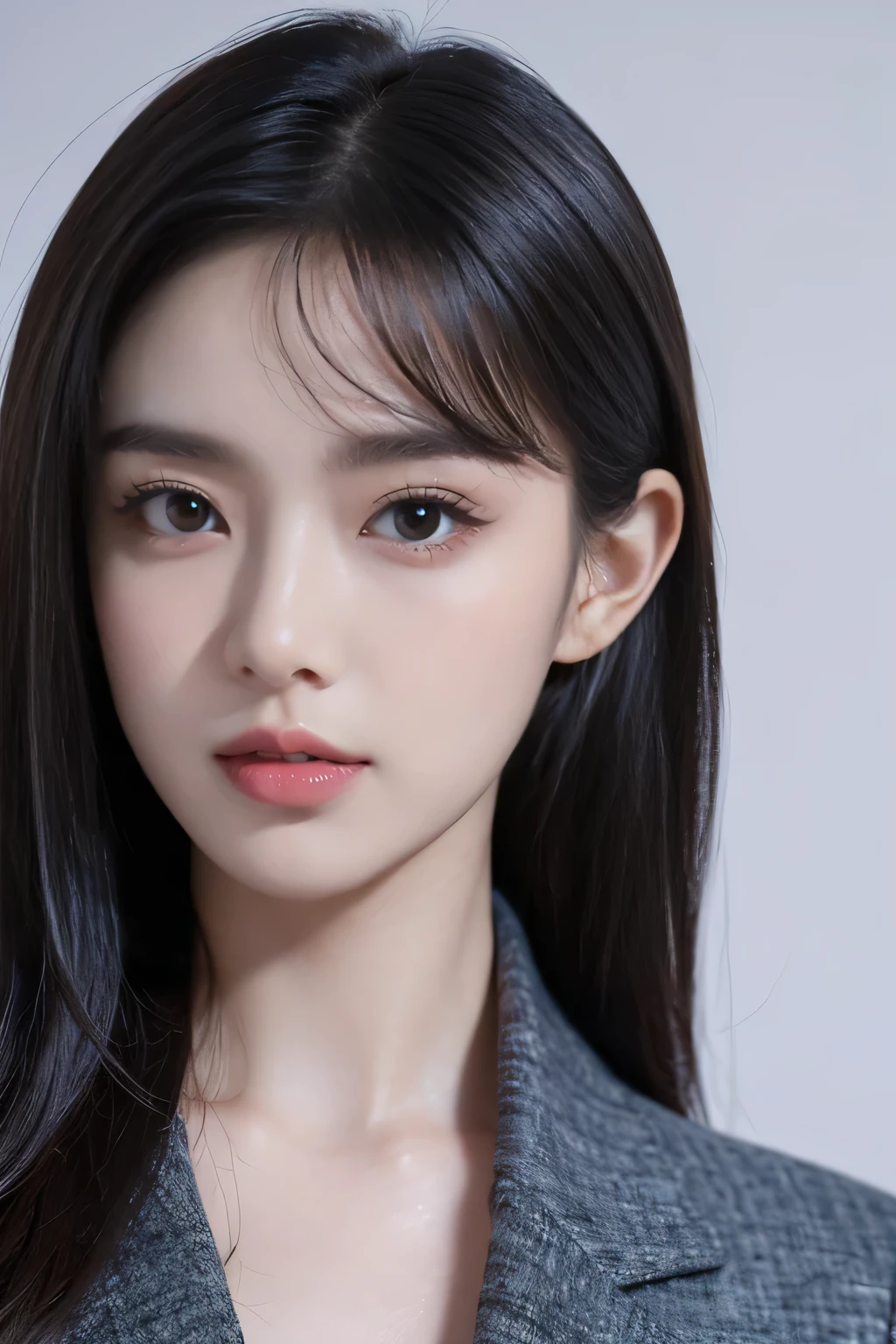 tmasterpiece,Best quality,A high resolution,8K,(Portrait photograph:1.5),(Head close-up),(ROriginal photo),real photograph,digital photography,(Girls in the workplace),(Female president),20 year old girl,random hair style,By bangs,(green-eyed),Serious and obsessed with breasts, accessories,Keep one's mouth shut,elegant and charming,Serious and arrogant,Calm and handsome,(Women's professional attire),Photo pose,Realisticstyle,gray world background,oc render reflection texture