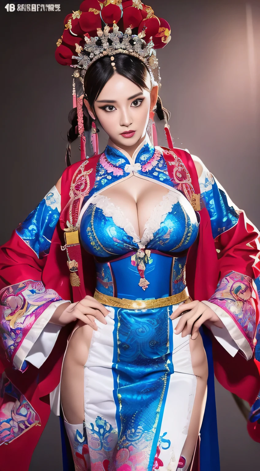 1girl, (Photoreal Stick:1.2), (Beautuful Women,Wearing Peking Opera costumes)，Cowboy Shot、beautiful face、A detailed face、perfectly proportions、big breasts、big breasts thin waist、nabel、big butts、Crotch gap、Large Thigh、(Zentangle,3d rendered), (highly colorful, Best Quality, Detailed details, masutepiece, offcial art, Movie Light Effects, 4K),