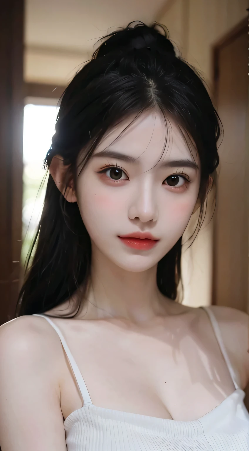 Photocinematic, detailed facial features, no-makeup, Realistic skin, born, Urzangarh, Phantom High Speed Camera, shadow play, A hyper-realistic, Detailed Face - AR 16:9 --s 750 --v 5.2、I can see the cleavage、smil,