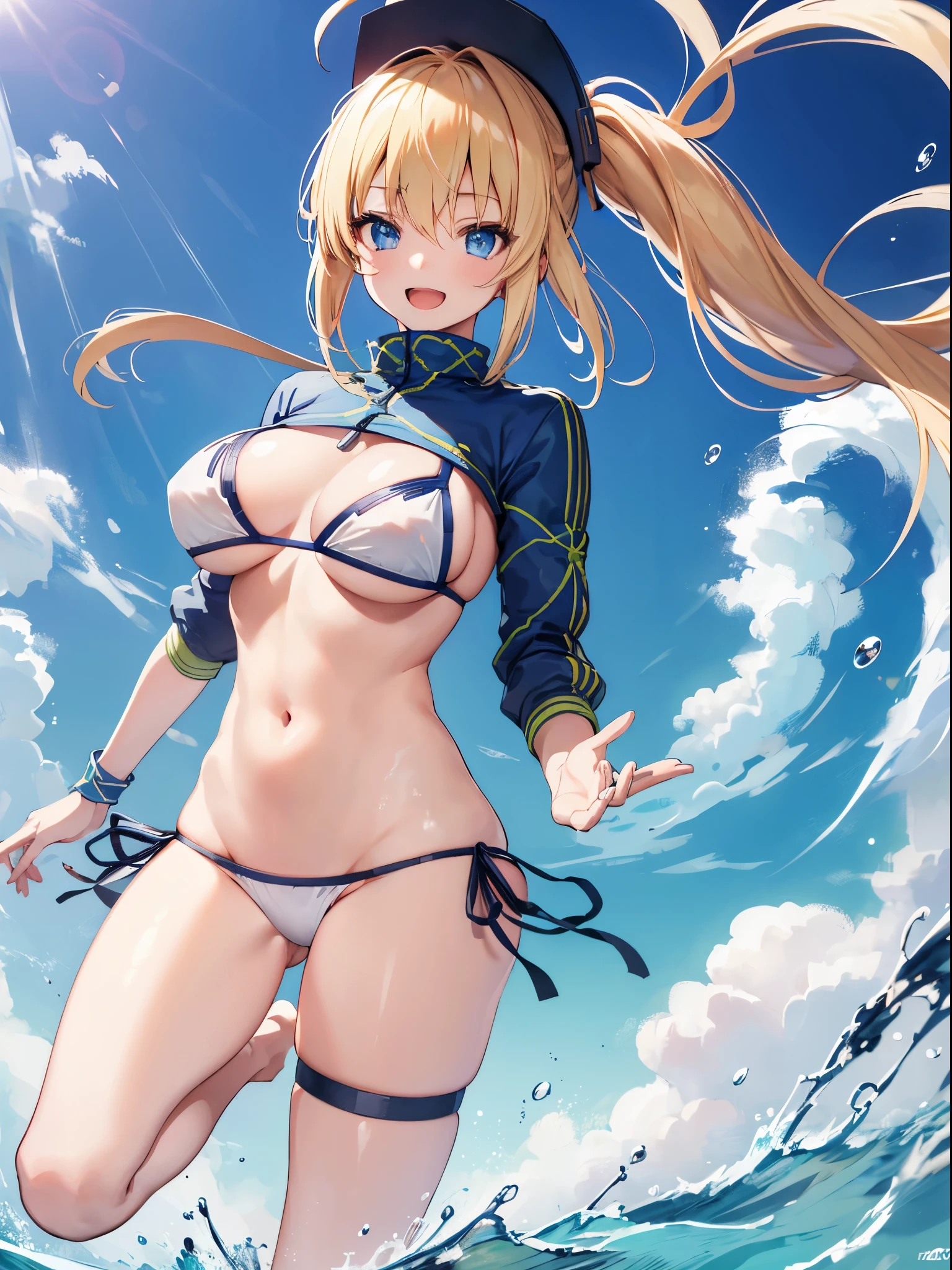 masterpiece,(ultra-detailed),1girl, mysterious heroine xx \(fate\), half_eyes,smile,open mouth, swimsuit, white bikini, side-tie bikini bottom, shrug \(clothing\), jacket, thigh strap, wristband, large_breasts, ocean, splashing,blonde_ponytail,open_legs,cap,happiness,dynamic_jumping