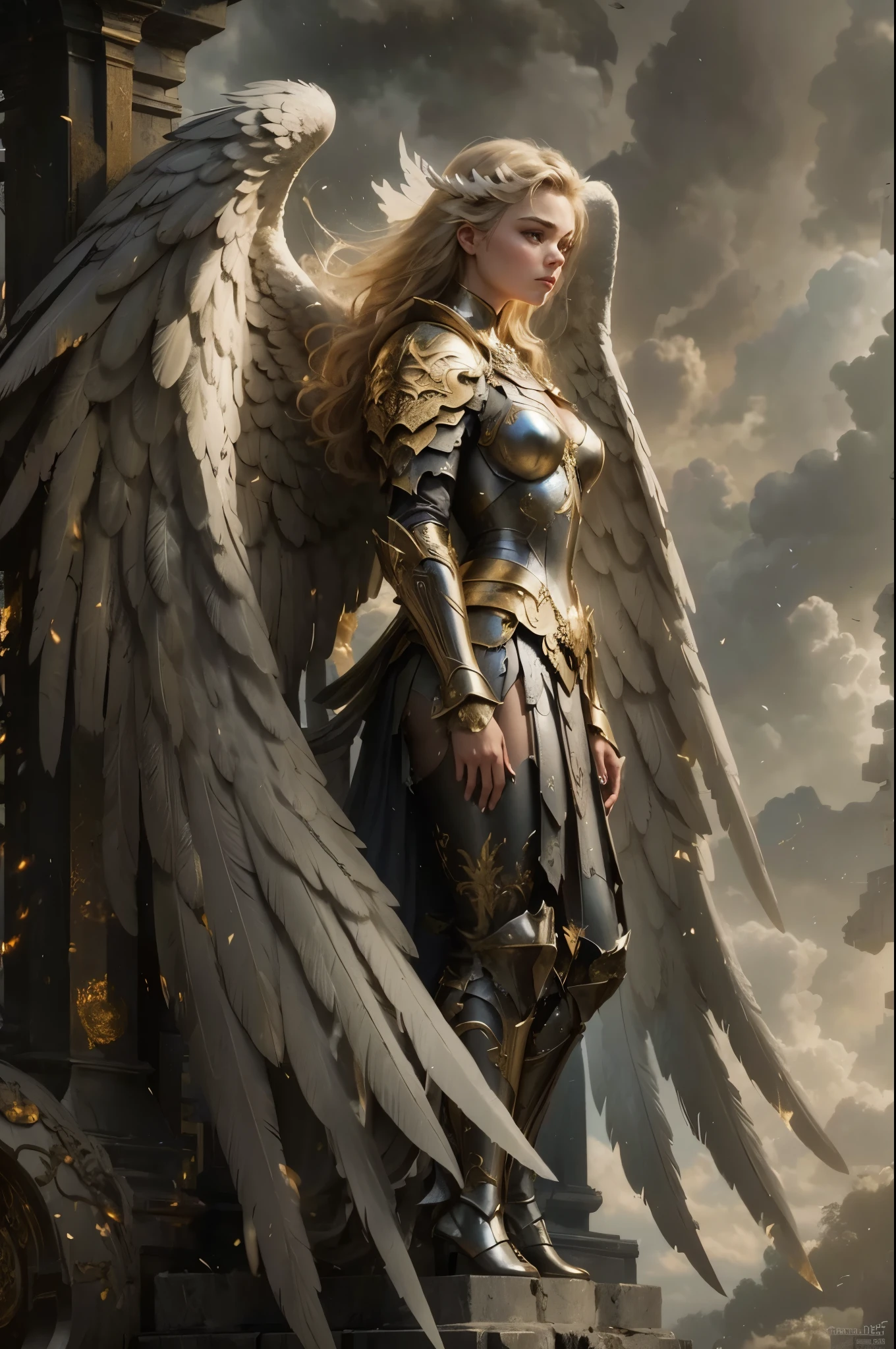 Woman with wings standing on a platform in front of a cloudy sky, full body angel, As a mysterious Valkyrie, tall female angel, angel knight girl, Imogen poots as a crusader, angel golden armor, archangel, Imogen Poots as a holy paladin, amazing fantasy art, angel in plastic armor, Elegant cinematic fantasy art