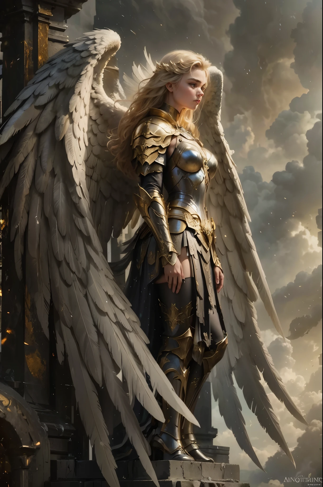 Woman with wings standing on a platform in front of a cloudy sky, full body angel, As a mysterious Valkyrie, tall female angel, angel knight girl, Imogen poots as a crusader, angel golden armor, archangel, Imogen Poots as a holy paladin, amazing fantasy art, angel in plastic armor, Elegant cinematic fantasy art