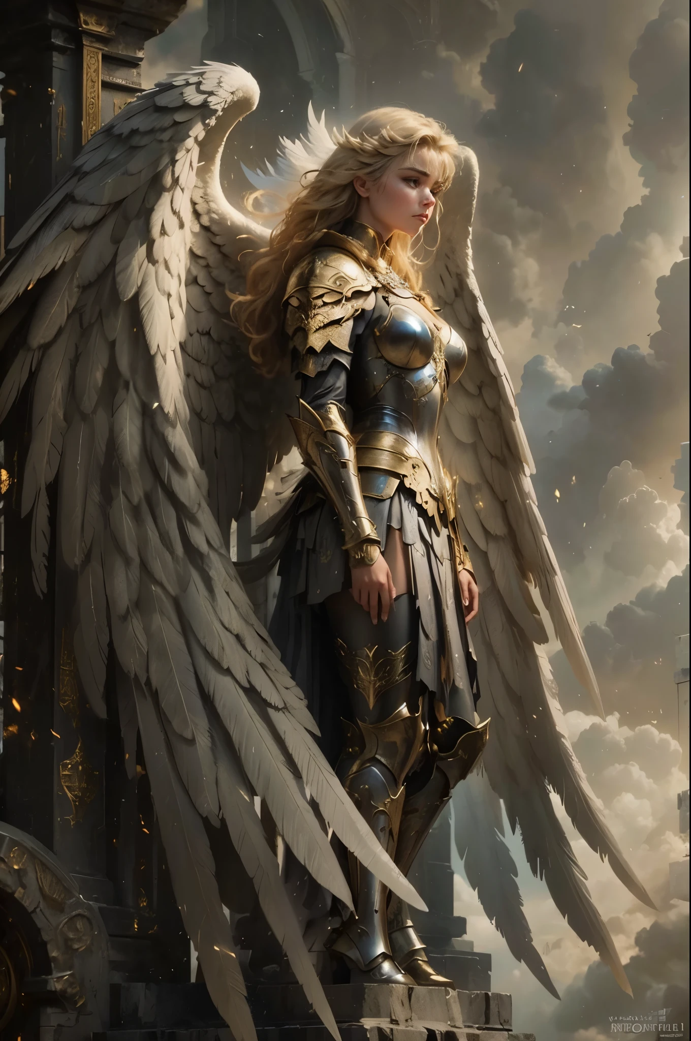 Woman with wings standing on a platform in front of a cloudy sky, full body angel, As a mysterious Valkyrie, tall female angel, angel knight girl, Imogen poots as a crusader, angel golden armor, archangel, Imogen Poots as a holy paladin, amazing fantasy art, angel in plastic armor, Elegant cinematic fantasy art