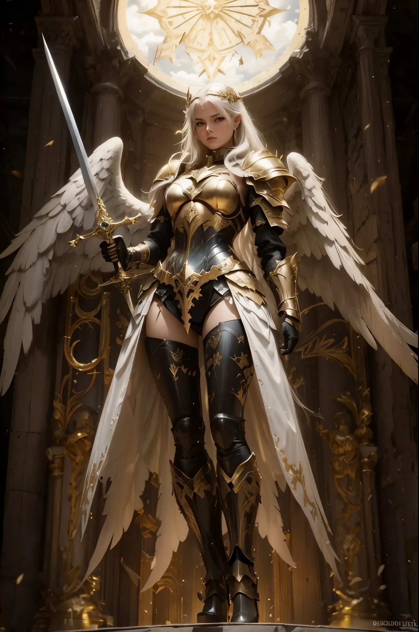 A woman in armor holding a sword and a sword in her hands, angel golden armor, angel knight girl, angel knight gothic girl, As a mysterious Valkyrie, angel in plastic armor, gorgeous female paladin, full body angel, by ヤン・J, fantasy paladin female, tall female angel, Armor angle with wing, archangel, wears light armor