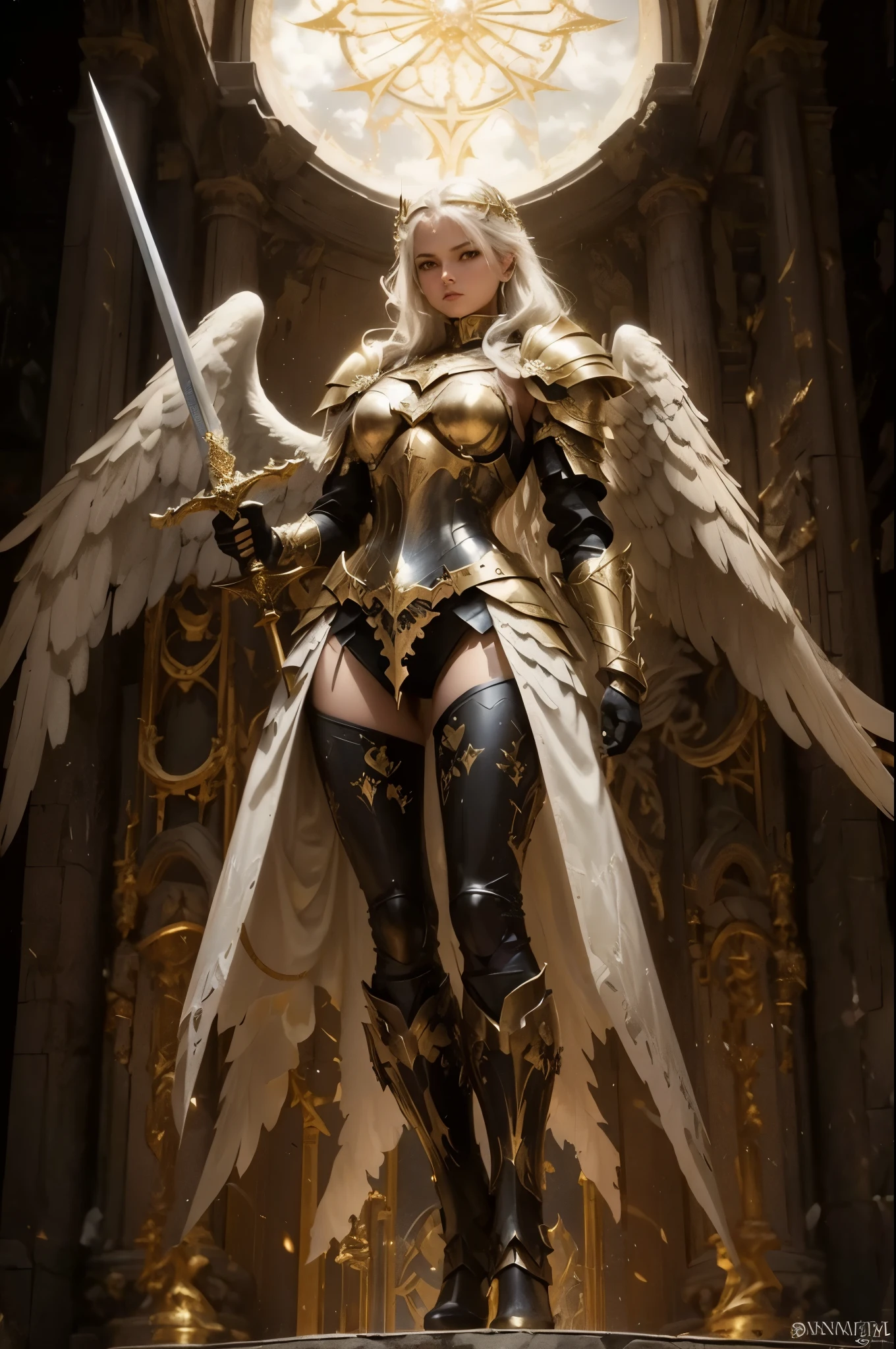 A woman in armor holding a sword and a sword in her hands, angel golden armor, angel knight girl, angel knight gothic girl, As a mysterious Valkyrie, angel in plastic armor, gorgeous female paladin, full body angel, by ヤン・J, fantasy paladin female, tall female angel, Armor angle with wing, archangel, wears light armor