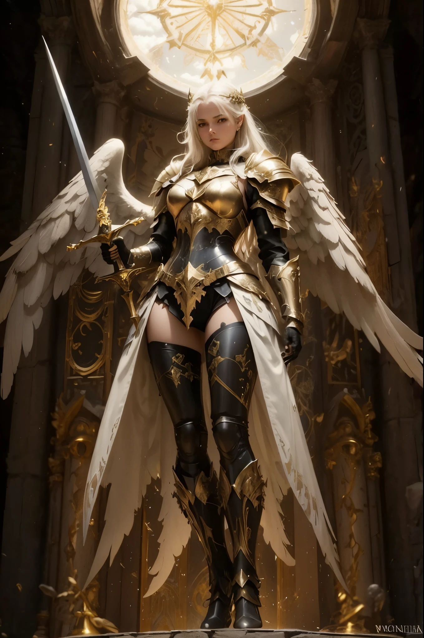 A woman in armor holding a sword and a sword in her hands, angel golden armor, angel knight girl, angel knight gothic girl, As a mysterious Valkyrie, angel in plastic armor, gorgeous female paladin, full body angel, by ヤン・J, fantasy paladin female, tall female angel, Armor angle with wing, archangel, wears light armor