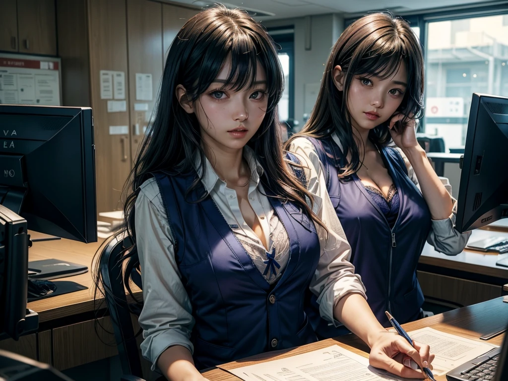 There is a woman sitting at a desk holding a pen and paper, (A sexy bra is visible from the chest of the shirt blouse that is wide open.:1.5)、Sui Ishida, iwakura lain, yasumoto oka, motto hole, eat and drink, Also, yuuka kazami, seifuku, sana takeda, deayami kojima, Chiho, ayamin to whom, Ayaka, misato katsuragi,Female bank clerk sitting behind the counter at a bank teller、白いシャツブラウスの上にwearing a navy vestビジネスユニフォーム、(wearing a navy vest:1.5), (He wears a plastic name plate on the chest of his vest.), unbuttoning shirt blouse、