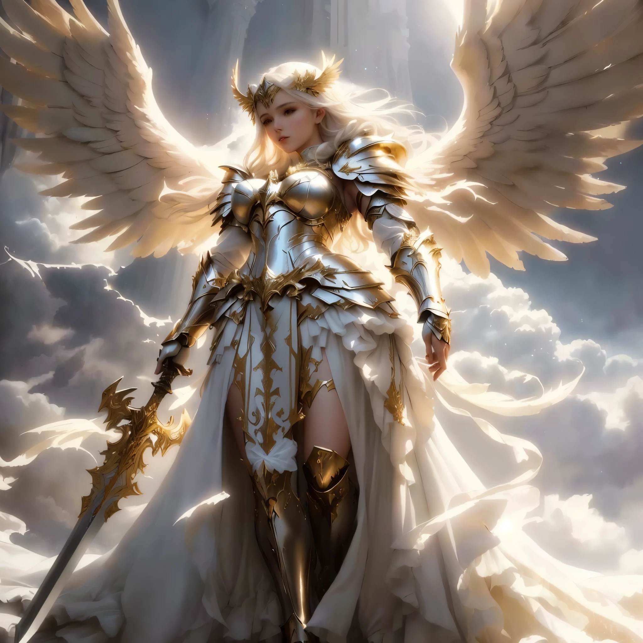 woman in white dress with wings and sword, angel golden armor, full body angel, tall female angel, angel knight girl, As a mysterious Valkyrie, angel knight gothic girl, beautiful female angel, etheric angelic light beings, angel in plastic armor, magnificent angel wings, wears ethereal armor, angel of dawn light, beautiful angel