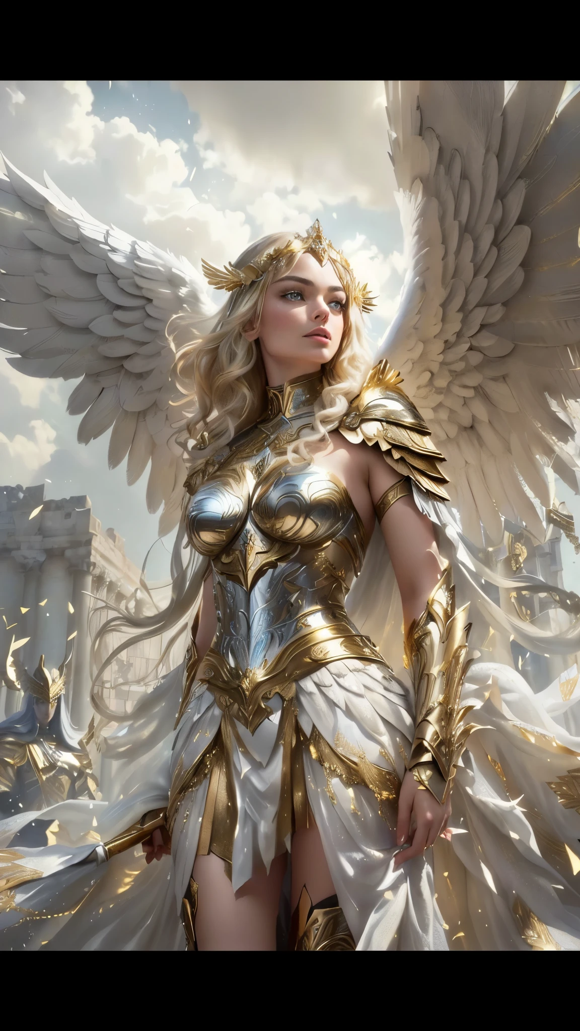 Woman in gold and silver costume with wings, As a mysterious Valkyrie, tall female angel, angel golden armor, full body angel, angel in plastic armor, angel themed, angel knight girl, Romance Fantasy Movies, Margot Robbie plays a Greek goddess, Mystical Valkyrie of Atlantis, Imogen poots as a crusader, magnificent angel wings