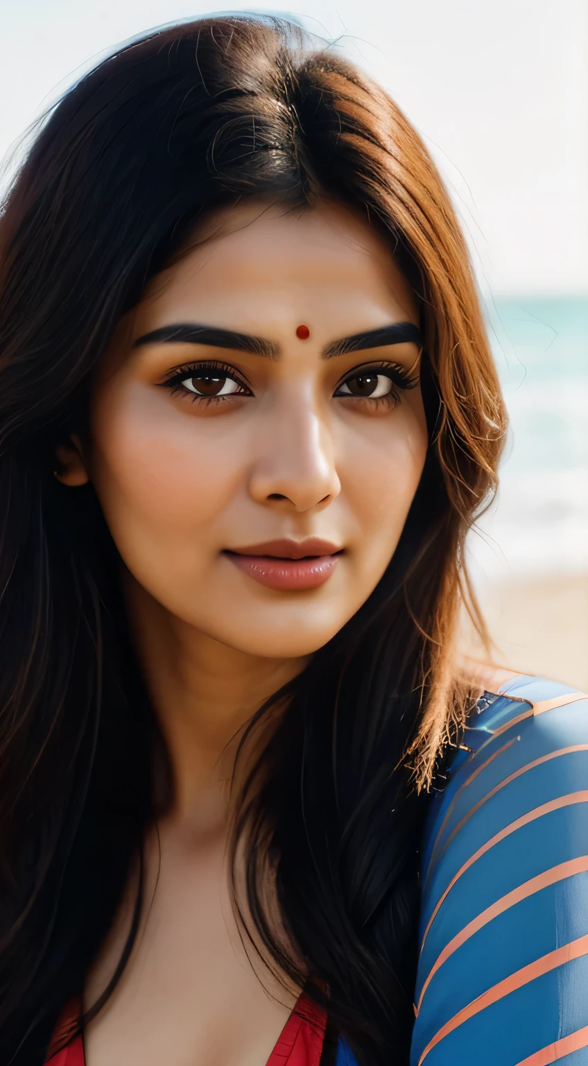 (Rhea Chakraborty:0.3), (Alia Bhatt:0.6), (Kriti Sanon:0.7), ((Highres close up photo of a beautiful mature Indian college girl:1.5)), (highly detailed face:1.4, smile), ((slim, flawless complexion, perfect eyes, long flowing brunet hair, skin pores texture)), (wearing beautiful beachwear:1.5), (flirting with the camera:1.5), ((daytime, beach background)), (Ultra realistic illustration), hyper realistic, sharp focus, unreal engine, photorealistic, photo, masterpiece, realism, photorealism, high contrast, by lee jeffries, nikon d850, film stock photograph, 4 kodak portra 400, camera f1.6 lens, rich colors, hyper realistic, lifelike texture, natural lighting , cinestill 800, depth of field