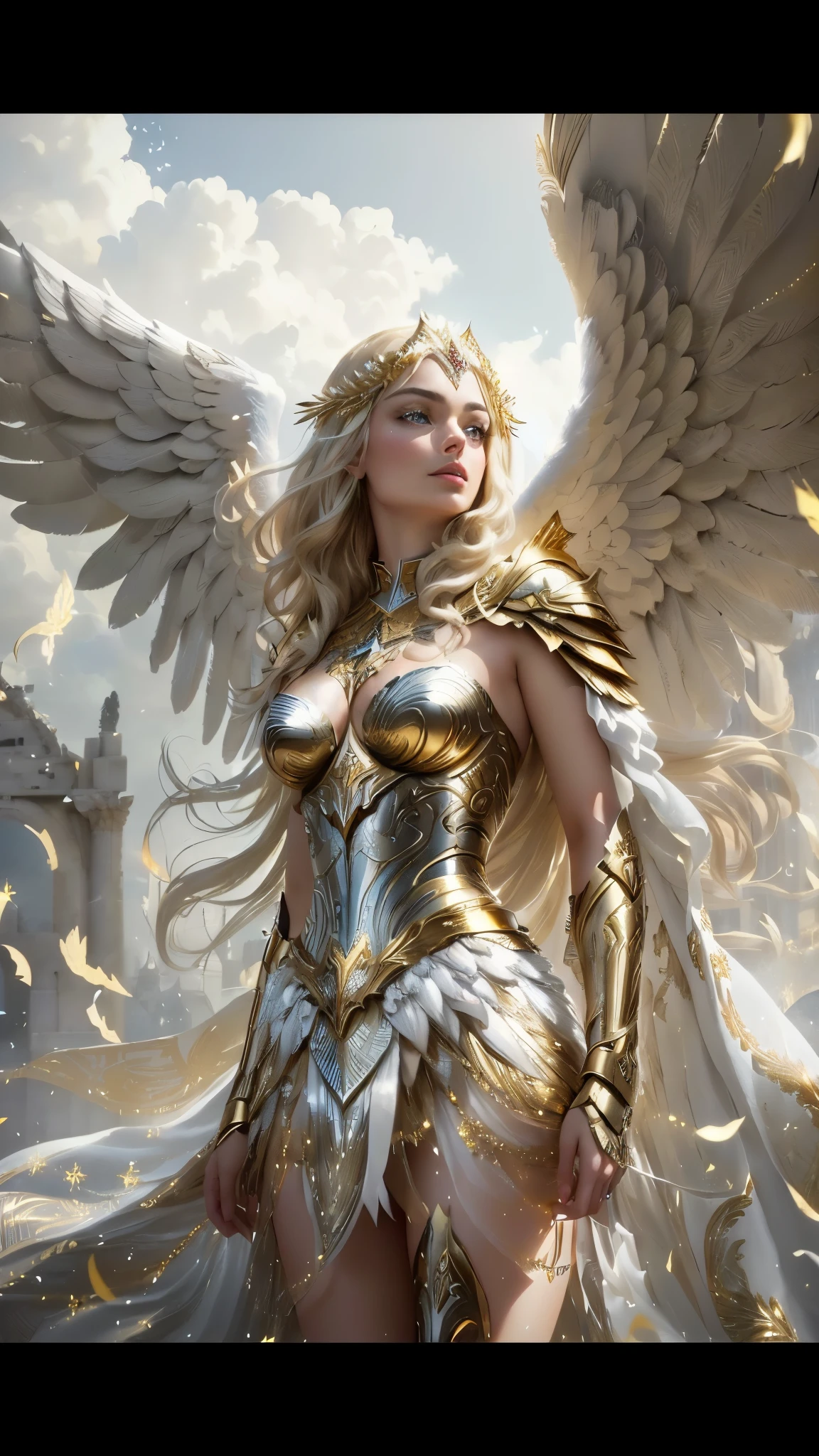 Woman in gold and silver costume with wings, As a mysterious Valkyrie, tall female angel, angel golden armor, full body angel, angel in plastic armor, angel themed, angel knight girl, Romance Fantasy Movies, Margot Robbie plays a Greek goddess, Mystical Valkyrie of Atlantis, Imogen poots as a crusader, magnificent angel wings