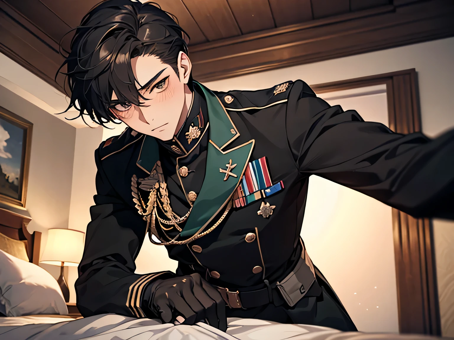 male,masterpiece,Alone in military uniform, male in military uniform, pper body, from below,sexy, blush,take off gloves,Bed,night