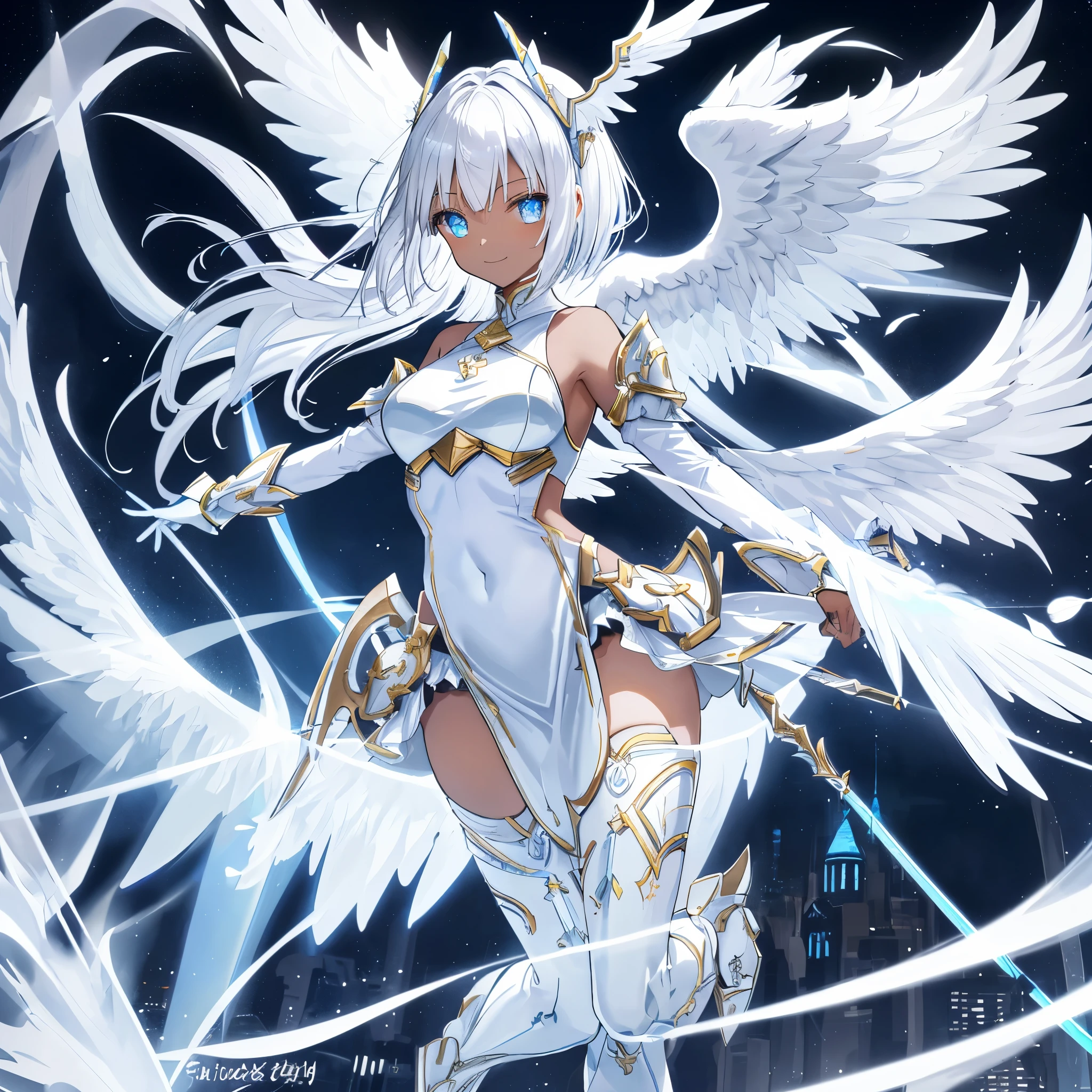 fantasy, 1angel_girl, low_teen, white_medium_bob_hair,long_bangs, (dark_skin)+, bare_shoulder, navel out, thighhighs,silver_shiny_armor, white_clothes,waist_armor, Glebe, hold_shiny_swords, medium_breasts,, dynamic_pose_fighting,Floating, (1pair_white_wings,pelvic_curtain)++, Headgear ,city_sky_background,,slightly_spread_legs, light_smile,multiple_shiny_swords_floating_around_the_girl