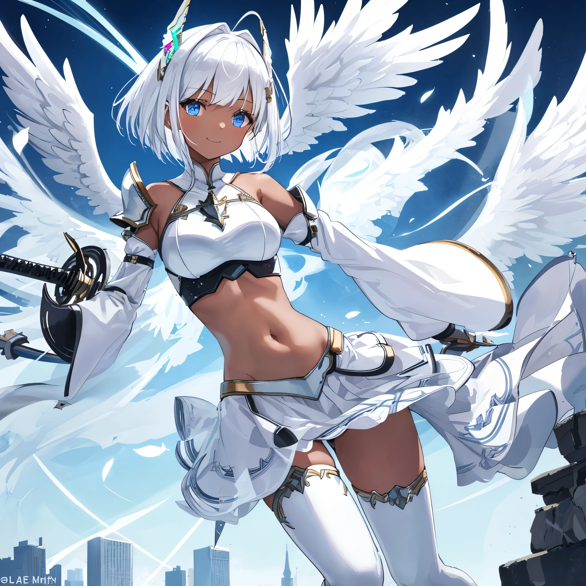 fantasy, 1angel_girl, low_teen, white_medium_bob_hair,long_bangs, (dark_skin)+, bare_shoulder, navel out, thighhighs,silver_shiny_armor, white_clothes,waist_armor, Glebe, hold_shiny_swords, medium_breasts,, dynamic_pose_fighting,Floating, (1pair_white_wings,pelvic_curtain)++, Headgear ,city_sky_background,,slightly_spread_legs, light_smile,multiple_shiny_swords_floating_around_the_girl
