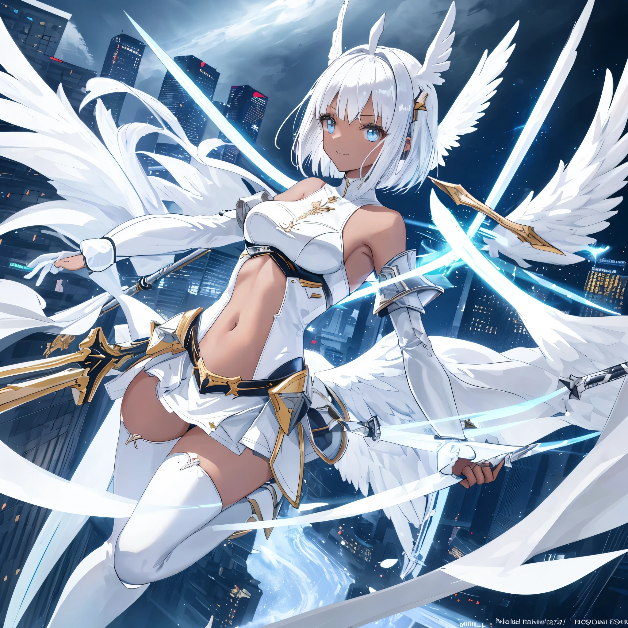 fantasy, 1angel_girl, low_teen, white_medium_bob_hair,long_bangs, (dark_skin)+, bare_shoulder, navel out, thighhighs,silver_shiny_armor, white_clothes,waist_armor, Glebe, hold_shiny_swords, medium_breasts,, dynamic_pose_fighting,Floating, (1pair_white_wings,pelvic_curtain)++, Headgear ,city_sky_background,,slightly_spread_legs, light_smile,multiple_shiny_swords_floating_around_the_girl