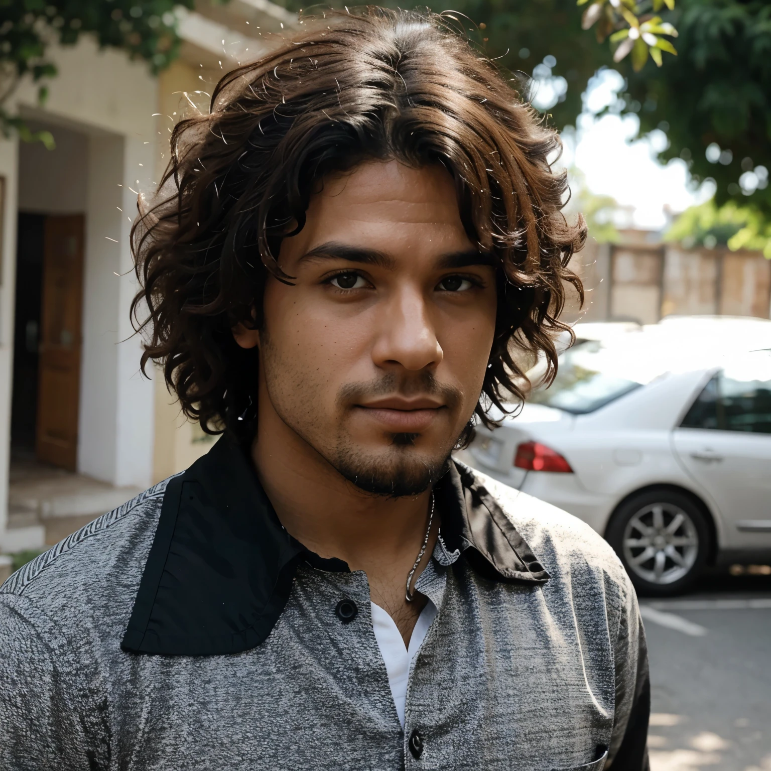 Homem moreno com cabelo afro e camisa social e com barba no queixo