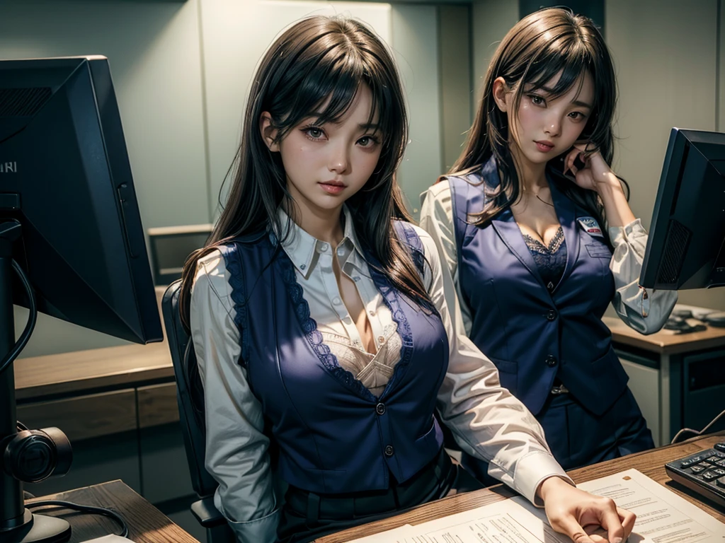 There is a woman sitting at a desk holding a pen and paper, (A sexy bra is visible from the chest of the shirt blouse that is wide open.:1.5)、Sui Ishida, iwakura lain, yasumoto oka, motto hole, eat and drink, Also, yuuka kazami, seifuku, sana takeda, deayami kojima, Chiho, ayamin to whom, Ayaka, misato katsuragi,Female bank clerk sitting behind the counter at a bank teller、白いシャツブラウスの上にwearing a navy vestビジネスユニフォーム、(wearing a navy vest:1.5), (He wears a plastic name plate on the chest of his vest.), unbuttoning shirt blouse、